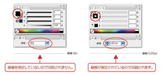 ［線幅を指定していないので印刷されません。］［線幅が指定されているので印刷されます。］